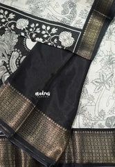 Ivory white - Malgudi printed silk nature prints with zari border Design 3 - Best for Office Wear | Casual Wear