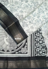 Ivory white - Malgudi printed silk pen kalamkari prints with zari border Design 2 - Best for Office Wear | Casual Wear