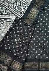 Ivory white - Malgudi printed silk leaf prints with zari border Design 6 - Best for Office Wear | Casual Wear