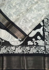 Ivory white - Malgudi printed silk pen kalamkari prints with zari border Design 1 - Best for Office Wear | Casual Wear