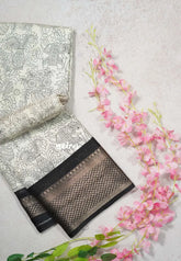 Ivory white - Malgudi printed silk pen kalamkari prints with zari border Design 1 - Best for Office Wear | Casual Wear