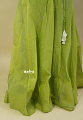 Ivory Cream with Green - Mamitha - Full flare chanderi silk skirt with raw silk shirt combo