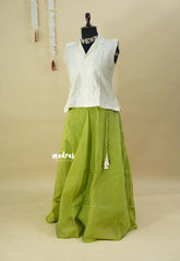 Ivory Cream with Green - Mamitha - Full flare chanderi silk skirt with raw silk shirt combo