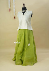 Ivory Cream with Green - Mamitha - Full flare chanderi silk skirt with raw silk shirt combo