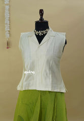 Ivory Cream with Green - Mamitha - Full flare chanderi silk skirt with raw silk shirt combo