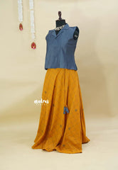 Grey with Mustard Yellow - Mamitha - Full flare cotton skirt with raw silk shirt combo