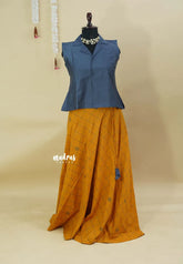 Grey with Mustard Yellow - Mamitha - Full flare cotton skirt with raw silk shirt combo