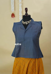 Grey with Mustard Yellow - Mamitha - Full flare cotton skirt with raw silk shirt combo