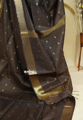 Dark Chocolate Brown - Mangalgiri semi pattu buttas body with zari border