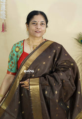 Dark Chocolate Brown - Mangalgiri semi pattu buttas body with zari border
