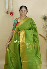 Pretty Parrot Green - Mangalgiri semi pattu with golden getti border