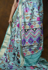 Muted Aqua Blue Ananya Soft Mangalore Silk Saree | Floral Print + Zari Border | Office Wear Essential