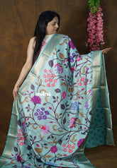Muted Aqua Blue Ananya Soft Mangalore Silk Saree | Floral Print + Zari Border | Office Wear Essential