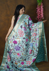 Muted Aqua Blue Ananya Soft Mangalore Silk Saree | Floral Print + Zari Border | Office Wear Essential