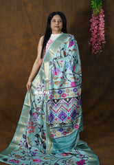 Muted Aqua Blue Ananya Soft Mangalore Silk Saree | Floral Print + Zari Border | Office Wear Essential