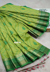Garden Green - Manjari - Premium raw silk with full weaving buttas body with Multi zari Border