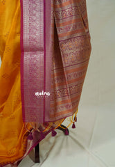 Orangish Yellow - Manjari - Raw silk Saree Traditional Border Rich Pallu with Weaving Buttas - Best for Small Functions | Pooja