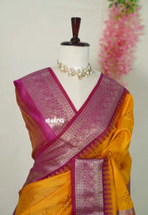 Orangish Yellow - Manjari - Raw silk Saree Traditional Border Rich Pallu with Weaving Buttas - Best for Small Functions | Pooja