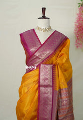 Orangish Yellow - Manjari - Raw silk Saree Traditional Border Rich Pallu with Weaving Buttas - Best for Small Functions | Pooja