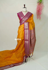 Orangish Yellow - Manjari - Raw silk Saree Traditional Border Rich Pallu with Weaving Buttas - Best for Small Functions | Pooja