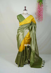 Yellow with Olive Green - Manjari - Raw Silk in Raising Kanjivaram Weaving Style - Best for Small Functions | Pooja | Reception