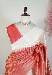 Ivory Cream with Red - Manjari - Raw Silk in Raising Kanjivaram Weaving Style - Best for Small Functions | Pooja | Reception