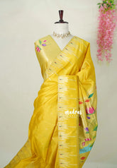 Lemon Yellow - Manjari - Raw Silk Premium Paithani Weaving border and work Blouse - Best for Small Functions | Pooja