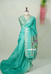 Turquoise Green - Manjari - Raw Silk Premium Paithani Weaving border and work Blouse - Best for Small Functions | Pooja