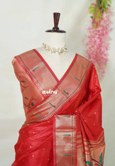 Spicy Red - Manjari - Raw Silk Premium Paithani Weaving Border and Pallu - Best for Small Functions | Pooja | Reception