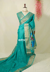 Aqua Green - Manjari - Raw Silk Premium Paithani Weaving Border and Pallu - Best for Small Functions | Pooja | Reception