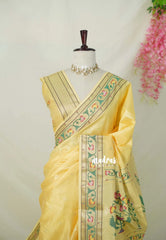 Creamy Yellow - Manjari - Raw Silk Premium Paithani Weaving Border and Pallu - Best for Small Functions | Pooja | Reception