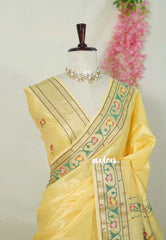 Creamy Yellow - Manjari - Raw Silk Premium Paithani Weaving Border and Pallu - Best for Small Functions | Pooja | Reception