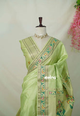 Pista Green - Manjari - Raw Silk Premium Paithani Weaving Border and Pallu - Best for Small Functions | Pooja | Reception