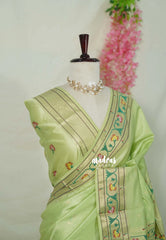 Pista Green - Manjari - Raw Silk Premium Paithani Weaving Border and Pallu - Best for Small Functions | Pooja | Reception