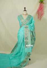 Aqua Green - Manjari - Raw Silk Premium Paithani Weaving Border and Pallu - Best for Small Functions | Pooja | Reception