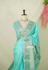 Aqua Green - Manjari - Raw Silk Premium Paithani Weaving Border and Pallu - Best for Small Functions | Pooja | Reception