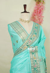 Aqua Green - Manjari - Raw Silk Premium Paithani Weaving Border and Pallu - Best for Small Functions | Pooja | Reception