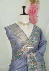 Muted Lavender Grey - Manjari - Raw Silk Premium Paithani Weaving Border and Pallu - Best for Small Functions | Pooja | Reception