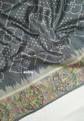 Dove Grey - Manjari - Raw Silk Bhandani Full Weaving with Madhubani Pallu and Border - Best for Small Functions