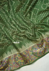 Olive Green - Manjari - Raw Silk Bhandani Full Weaving with Madhubani Pallu and Border - Best for Small Functions