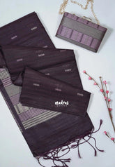 Wine Brown - Manjari - Free Clutch - Raw Silk Saree Ikkat Weaving with Pallu and Blouse - Best for Small Functions