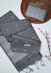 Jet Grey - Manjari - Free Clutch - Raw Silk Saree Ikkat Weaving with Pallu and Blouse - Best for Small Functions