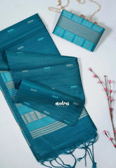 Teal Green - Manjari - Free Clutch - Raw Silk Saree Ikkat Weaving with Pallu and Blouse - Best for Small Functions