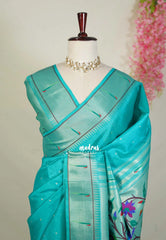 Turquoise Green - Manjari - Raw Silk Premium Paithani Weaving Border and Pallu - Best for Small Functions | Pooja | Reception