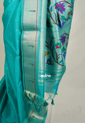 Turquoise Green - Manjari - Raw Silk Premium Paithani Weaving Border and Pallu - Best for Small Functions | Pooja | Reception