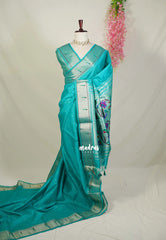 Turquoise Green - Manjari - Raw Silk Premium Paithani Weaving Border and Pallu - Best for Small Functions | Pooja | Reception