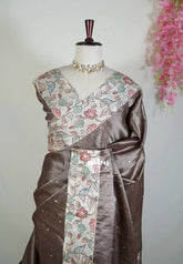 Muted Brown - Manjari - Raw Silk Saree with Patch Work Kalamkari Border - Best for Pooja Functions / Diwali Festive