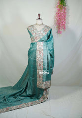 Muted Teal - Manjari - Raw Silk Saree with Patch Work Kalamkari Border - Best for Pooja Functions / Diwali Festive