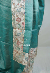 Muted Teal - Manjari - Raw Silk Saree with Patch Work Kalamkari Border - Best for Pooja Functions / Diwali Festive
