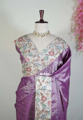 Mauve Purple - Manjari - Raw Silk Saree with Patch Work Kalamkari Border - Best for Pooja Functions / Diwali Festive